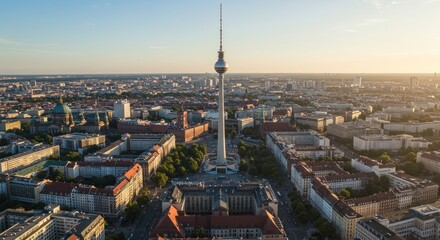 Fototapeta premium Panoramic view of the Berlin cityscape showcasing the iconic Fernsehturm at dawn