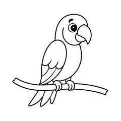 cute cartoon parrot on a branch coloring page for kids on white background 