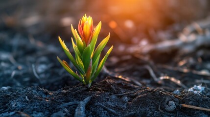 Tiny sprout emerging from scorched earth