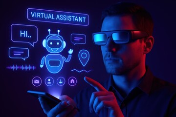 Man in AR glasses using smartphone to interact with virtual assistant hologram. Concept of AI chatbot, augmented reality, and futuristic technology