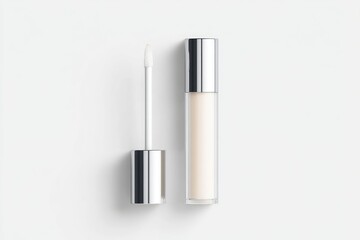 A light beige lip gloss, tube and applicator, on a white background