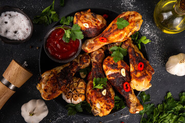 Grilled chicken legs with garlic, spices, parsley, bbq sauce and olive oil