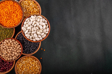 Various dried legumes, lentils, chikpeas, beans assortment