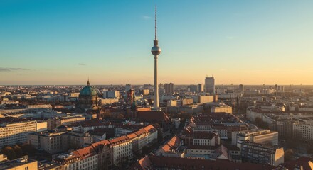 Berlin cityscape at sunset with iconic television tower and cathedral view at golden hour
