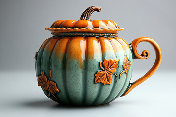 Kitchen atmosphere. Ceramic cup with lid in shape of a orange pumpkin in a rustic style on a white background.