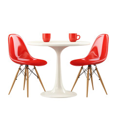 Modern furniture with red chairs and cups on a white table in a bright setting enhances a cozy atmosphere for social gatherings on transparent background