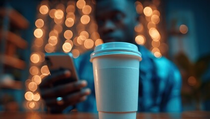 Blurred shot of person using a smartphone behind a coffee cup. Bokeh lights glow warmly, contrasting with the cool blues and shadows. Focus is on the cup