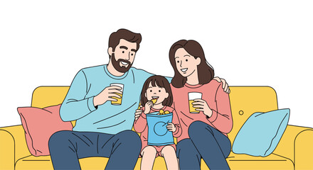 A happy family enjoys a relaxing evening together on a cozy sofa with drinks and snacks