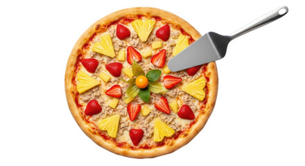 Isolated Pineapple and Strawberry Pizza with Serving Spatula