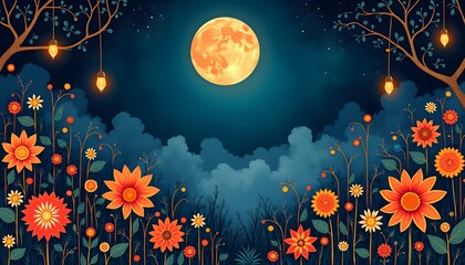 Flowers and trees glow under a full moon at night