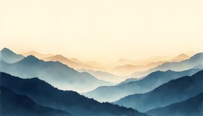 Misty blue mountains fade into a hazy golden sky