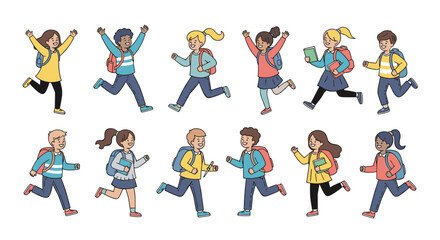 Fototapeta premium Diverse group of energetic children running with backpacks ready for adventure and learning