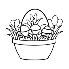 easter basket with eggs grass and flower outline 