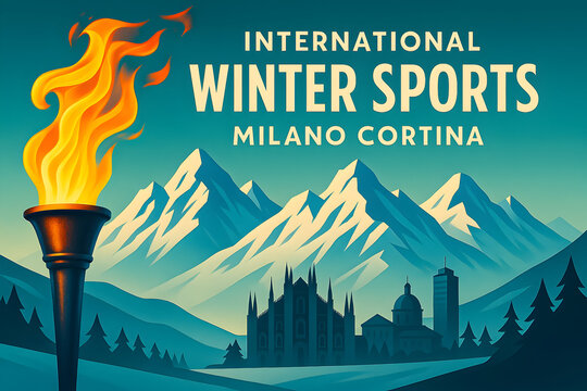 Milano Cortina hosts international winter sports event in stunning alpine landscape with prominent torch symbol