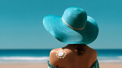 Bright summer day at the beach with a woman in a large blue hat enjoying the ocean view while wearing a sun design on her back