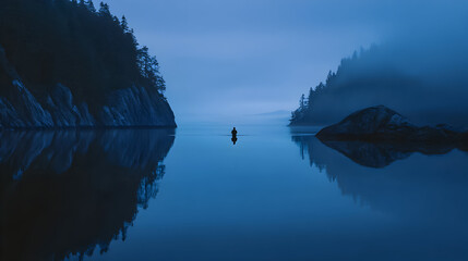 Calm waters reflect serene mountains at dawn, creating a tranquil atmosphere for a lone figure in the distance