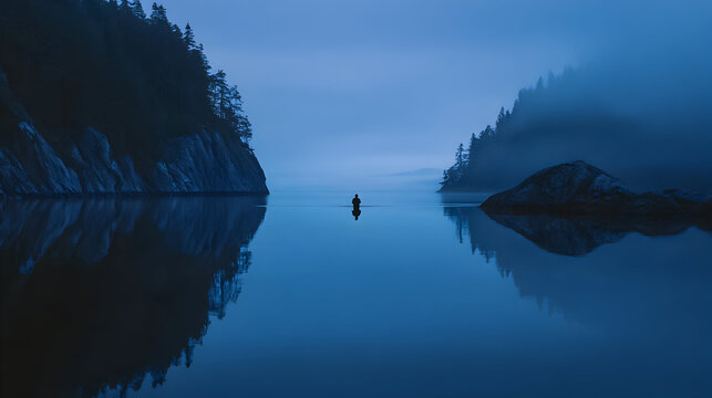 Calm waters reflect serene mountains at dawn, creating a tranquil atmosphere for a lone figure in the distance
