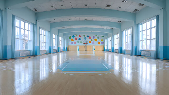 Bright and spacious indoor basketball court located in a school with colorful wall decorations and large windows for natural light