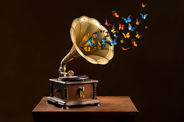 Vintage Gramophone Unleashing a Symphony of Butterflies Music and Nature's Harmony