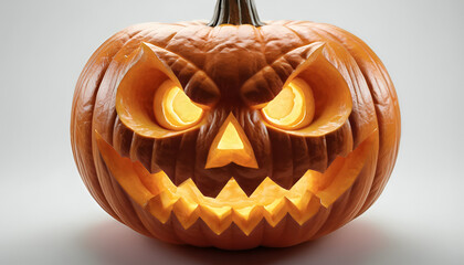 Pumpkin with Glowing Carved Face on White Background