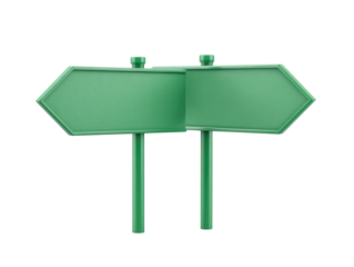 Two mint green directional signs, pointing in opposite directions