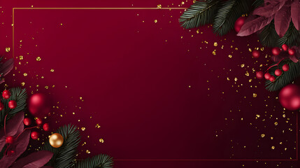 Festive holiday decoration featuring red and gold ornaments with green foliage against a rich burgundy background