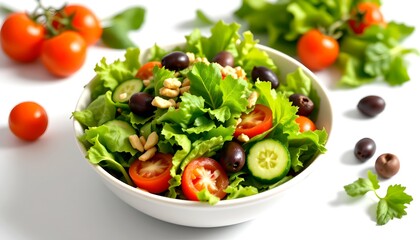 A vibrant bowl of fresh, healthy salad featuring an assortment of vegetables, including olives and tomatoes. The salad looks appetizing and colorful.