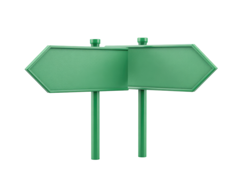 Two mint green directional signs, pointing in opposite directions