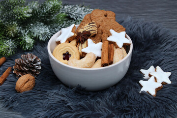 
Various Christmas cookies in a bowl.