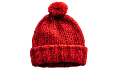 Red knitted winter bobble hat on white background,png
