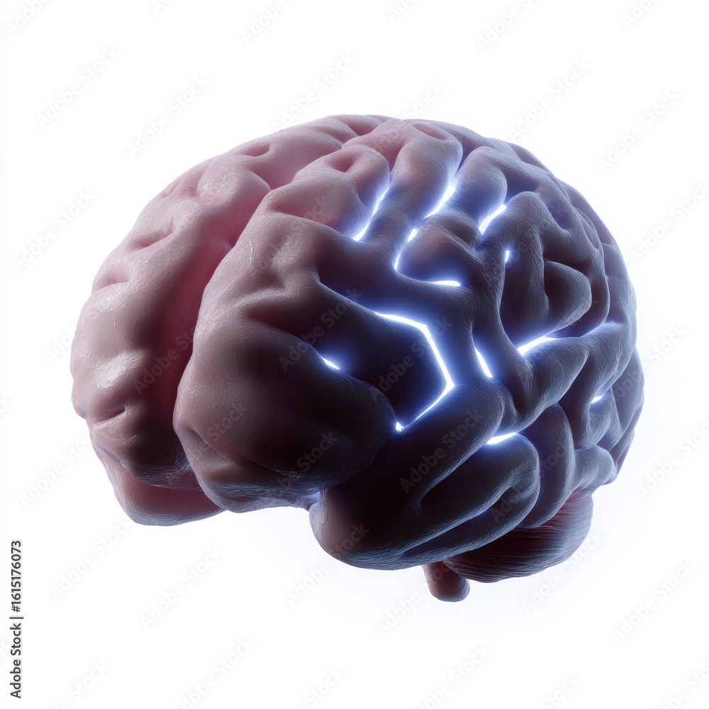 Aufkleber a human brain silhouette with abstract glowing lines forming a complex maze inside, isolated on a pu