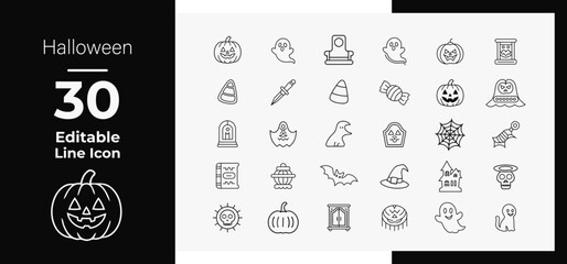 Halloween outline Icon set including pumpkin face skull hunting house ghost witch 