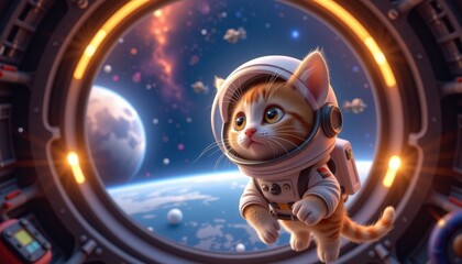 Adorable Kitten Astronaut Gazing at Earth from Spacecraft Window A Cute Orange Tabby Cat in Spacesuit Floating in Space