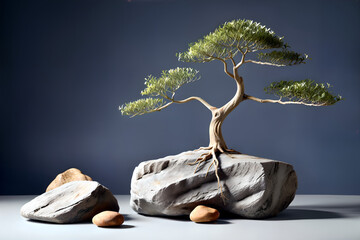 Exposition with bare root bonsai on rocks.
