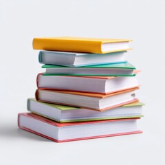 A neatly stacked pile of new, unread children is storybooks, isolated on a pure white background. Education, childhood.