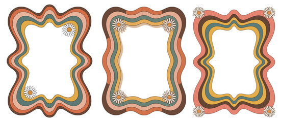 Set of retro frames with groovy flowers in mid Century modern color palette. Vector flat illustrations isolated on transparent background
