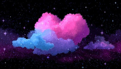 Dreamscape Cloudscape. Fluffy, heart-shaped clouds in pastel pink, purple, and blue float amidst a starry, glittering cosmos. Sparkly elements accent the dreamy, ethereal scene. Digital art style