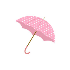 Umbrella. Children Pink umbrella with white polka dots. Kid's  cartoon style. Vector illustration isolated on white background