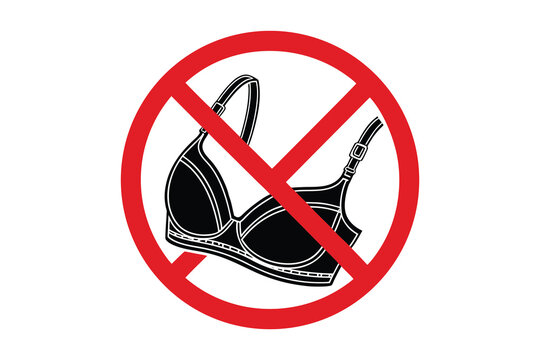 Stylized black silhouette of a bra with a red prohibition sign indicating no bras or ban on bras isolated on white background silhouette