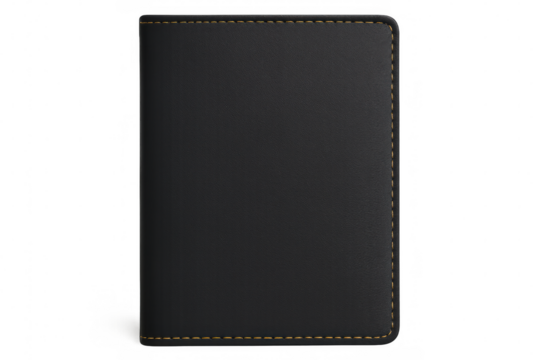 Black leather notebook featuring gold stitching, lying flat on transparent background, highlighting minimalist design and sophisticated craftsmanship