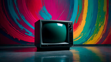 Old retro TV with test pattern color bars inside the screen. Dark moody background, minimalist setup with nostalgic analog tech aesthetic.