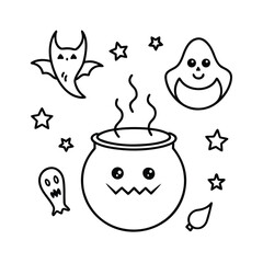 halloween coloring page with cauldron ghosts bat