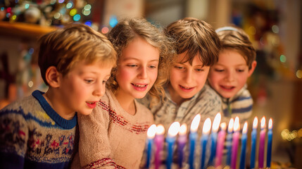 Naklejka premium Group of happy children, boys and a girl, looking at lit candles on a Hanukkah menorah. Festive holiday atmosphere for December celebration.