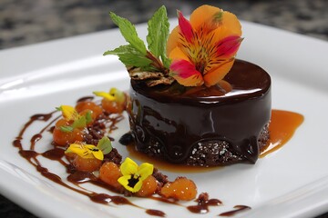 Elegant dessert plated with chocolate and edible flowers  
