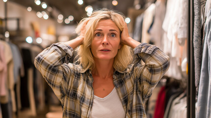 Stressed woman in a retail store with hands on head. Shocked customer during Black Friday shopping. Confused consumer during sale.