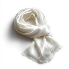 A pristine white silk scarf, draped elegantly, isolated on a pure white background. Accessory, luxury.