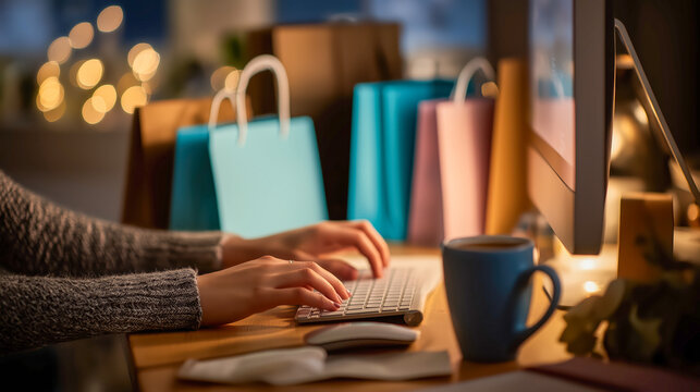 Woman shopping online at computer with colorful paper bags and bokeh lights. Black Friday sale concept for cyber monday.