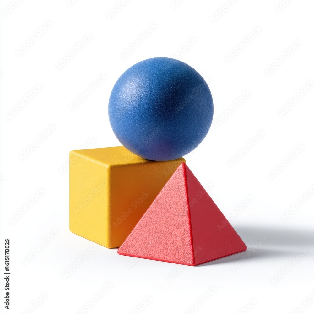 Poster a set of three colorful building blocks cube, sphere, pyramid arranged geometrically, isolated on a 