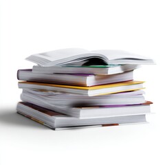A neatly stacked pile of new, unread professional journals, isolated on a pure white background. Research, academia.
