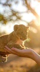 A lion cub held gently in a human hand, bathed in golden sunlight